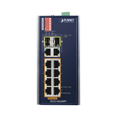Switch Industrial PoE no administrable de 8 Puertos 10/100TX 802.3at,  Hasta 240 W, Combo TP / SFP Gigabit TP / SFP  (-40 ~ 75 grados C)