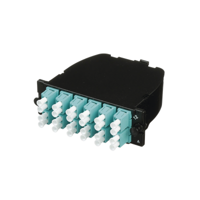 Casete OptiCom de Fibra Óptica Multimodo OM3, Con 2 Conectores MPO a 12 LC Duplex, Polaridad Método A, Pérdida de Inserción Estándar