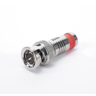 Conector BNC Macho en 75 Ohm, Montaje de Compresión Axial para Cable Coaxial RG-6/U, Níquel/ Oro/ Teflón.