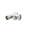 Adaptador en T para 50 Ohm de BNC Macho a Doble BNC Hembra, Troquelado, Níquel/ Oro/ Delrin.