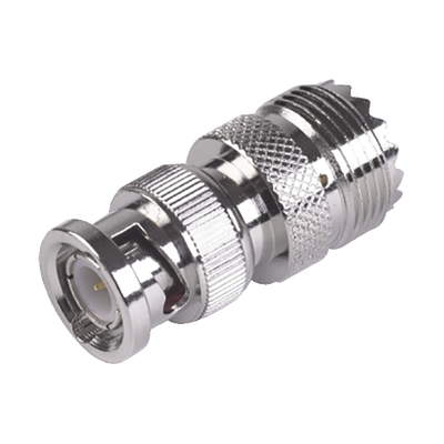 Adaptador en Linea para 50 Ohm, Conector BNC Macho-UHF Hembra (SO-239), Níquel/ Oro/ Delrin.