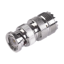 Adaptador en Linea para 50 Ohm, Conector BNC Macho-UHF Hembra (SO-239), Níquel/ Oro/ Delrin.