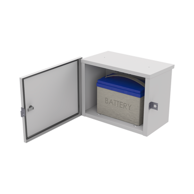 Gabinete de Acero Galvanizado, para Instalación de 1 Batería PL110D12, (550 x 420 x 290 mm)  Instalación en piso o poste, accesorios (No incluidos)
