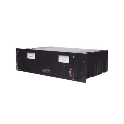 Fuente de poder 13.8Vcc, 50A, lineal regulada con circuito cargador de baterías, medidores, para instalación en rack