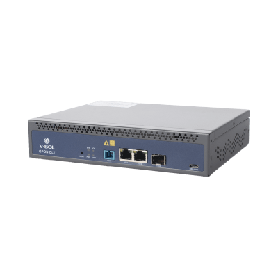 OLT de 1 puerto GPON SC/UPC + 3 puertos Uplink (2 puertos Gigabit Ethernet + 1 puerto SFP/SFP+), Fuente de alimentación redundante AC/DC , hasta 128 ONUS