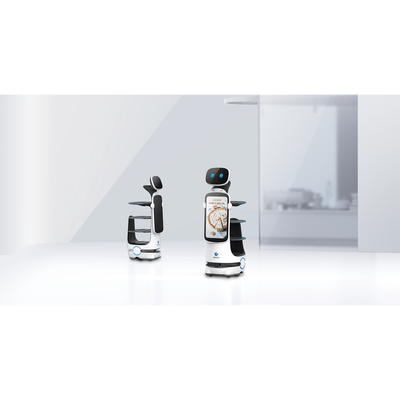 Robot de Servicio Dinerbot T10 / Entregas y Publicidad Multimodal / Autonomía 8 Horas / Carga 40 kg (88 lbs) / Pantalla Táctil 11.6" / Evasión Obstáculos 300° / Velocidad 1 m/s (3.28 ft/s)