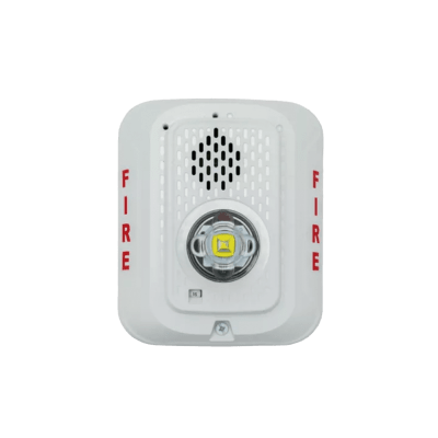 Sirena con Lámpara LED Estroboscópica / a 2 Hilos / Montaje en Pared / 24 Vcd / Configuración Estroboscópica Seleccionable / Texto en Inglés / Color Blanca