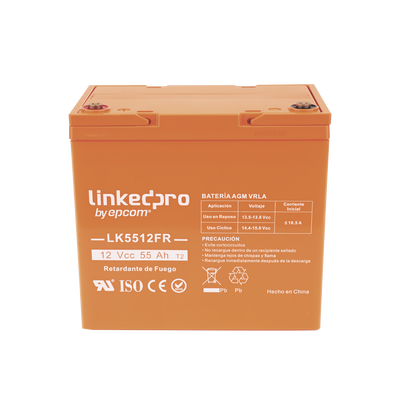 Batería de respaldo  12 V | 55 Ah | AGM | Certificada UL94-V0 Retardante a la Flama | Especial para Seguridad Electrónica | UPS  | Sistemas de emergencia | Vida útil 5 años | Terminales T2