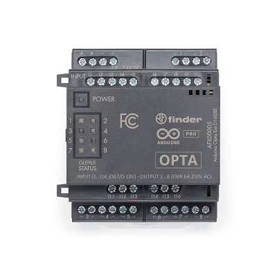 Expansión Digital Arduino Opta® / 16 Entradas Programables / 8 Relés / Electromecánicos 6A 250VAC o Estado Sólido 3A 24VDC / IP20 / Hasta 5 Módulos en Cadena / Compatible Arduino IDE y PLC IDE