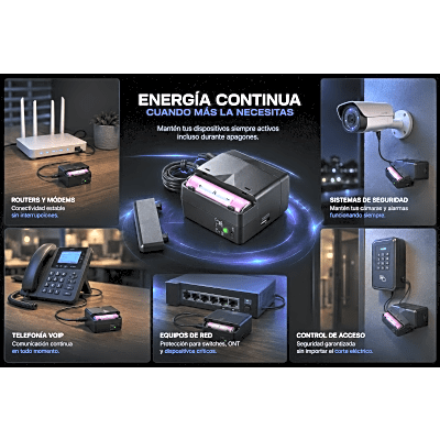 UPS de CD 25 W / Entrada 120 Vca / Salida 12 Vcd / Clavija NEMA 5-15P de entrada / Batería de Litio