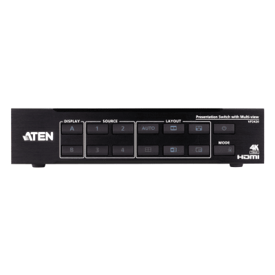 Switch HDMI de Presentación 4x2 True 4K / Multi View / 4 HDMI Entradas / 2 HDMI Salidas / Escalador 4K Integrado / Control RS-232, IR, Telnet, Web GUI / Montaje en Rack / Modo de Espera para Ahorro de Energía