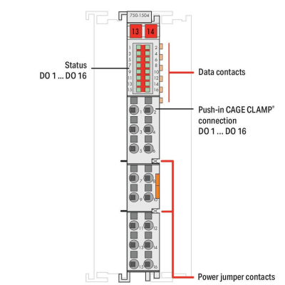 Módulo de Salida Digital / 16 Canales / 24 V DC / 0.5 A por Canal / Push-in CAGE CLAMP® / IP20 / Aislamiento Galvánico 500 kV / Carril DIN-35
