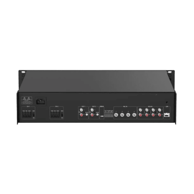 Amplificador de audio | 2 zonas de 250W  | 100V/70V | Calendarización de eventos | Biblioteca de Materiales de Audio | Entrada de Alarma | Hik-connect /Hikcentral profesional