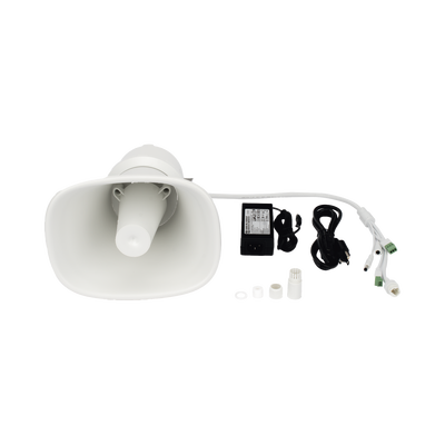 Bocina (Altavoz IP ) | Tipo Trompeta | 25 Watts | 24VCD | Exterior IP67 | Metal | Entrada de alarma | Voceo en tiempo real | Calendarización de audios | Síntesis de Voz (TTS)
