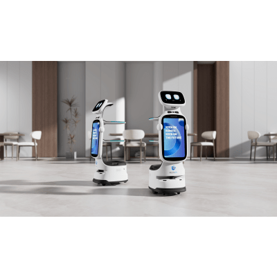 Robot de Servicio Dinerbot T11 / Navegación en Pasillos 49 cm (19.3 in) / 5 Sensores Visión Estereoscópica / VSLAM / IA Recogida Autónoma / Pantalla 18.5" / Chasis 6 Ruedas