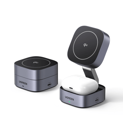 Cargador Inalámbrico 2 en 1 25W / Tecnología Magnética Qi 2 / 15W para Teléfono + 5W para Auriculares / Puerto USB-C 5W / Protecciones Múltiples / Cable USB-C Incluido
