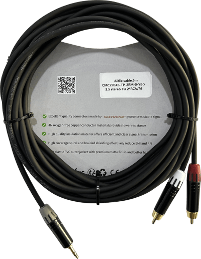 Cable 3.5mm a 2 RCA, conectores negros, con diferenciador de blanco y rojo en RCA MT380-RD - MT380-WH - MTP3C-BG, length 5m
