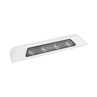 Luz de escena, 4 LED, bisel blanco, 12–24VCD, LED blanco y lente transparente