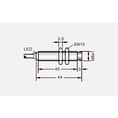Sensor Inductivo de Proximidad Cilíndrico IBT8-N02PA-D3Y2 / M8 8x8x44 mm / Cable 3 Hilos 2M / PNP N.O. / Rango Detección 2 mm / IP67 / −25...+70°C