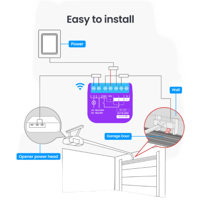 Relay Switch Inteligente Garaje / WiFi + BLE / Control Remoto App / Compatible Matter / Entrada 12-48V CC / Salida 30V 10A / 42 x 36 x 16 mm (1.7 x 1.4 x 0.6 in)