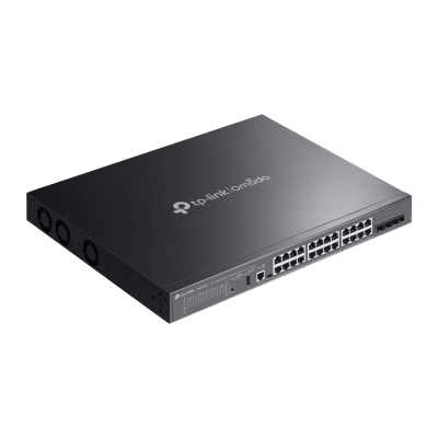 Switch Omada L3 SDN Administrable / 24 puertos PoE af/at Gigabit y 4 puertos SFP+ / Presupuesto PoE 720W / Funciones RIP, VRRP, Servidor DHCP / Administración centralizada OMADA / Fuente Redundante