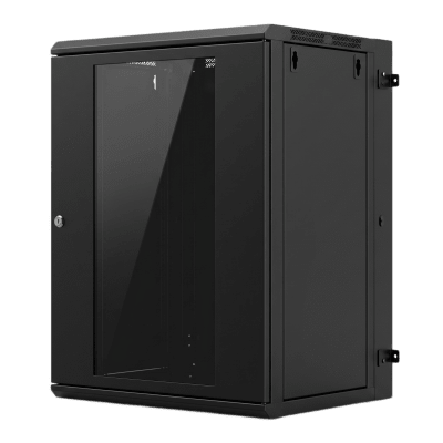 Gabinete Rack / 16 Unidades Rack (UR) / Puerta Cristal Templado / Montaje Pared / Acero Calibres 18-22 / Abatible 120° / Ventilación 120 mm