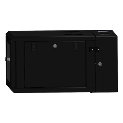 Gabinete Rackeable / 06 Unidades / Pared 19 Pulgadas / Puerta de Cristal / Pintura Electroestática Negro / Abatible 120° / Ventilación 120 mm