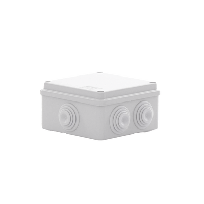Caja de derivación de PVC Auto-extinguible con 6 entradas, tapa atornillada, 100x100x50 MM, (Medidas internas, mayor área permisible para e cable, Para exterior (IP55)
