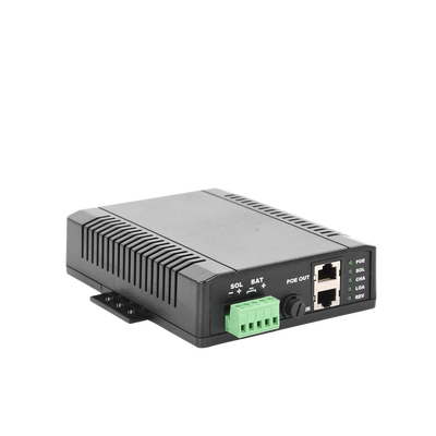 Controlador Solar POE, Entrada 12 Vcc Hasta un Panel Solar de 125 Watts, Salida PoE Pasivo en 48 Vcc Hasta 20 Watts Máximo.