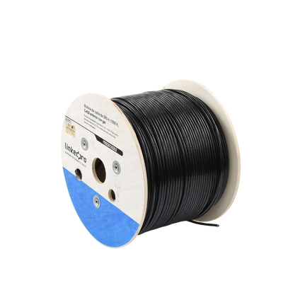Bobina de cable de 305 m, Cat5E, con gel, para intemperie, doble forro extrema humedad, bajo tierra, UL, color negro para aplicaciones en video vigilancia, y redes de alta velocidad.