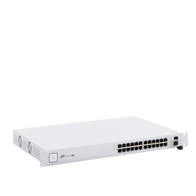 Switch PoE UniFi capa 2 Administrable de 26 puertos Gigabit (24 eth PoE y 2 SFP) 802.3 af/at / Pasivo 24V, 500 Watts, throughput de 38.69 Mpps