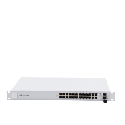 Switch PoE UniFi capa 2 Administrable de 26 puertos Gigabit (24 eth PoE y 2 SFP) 802.3 af/at / Pasivo 24V, 500 Watts, throughput de 38.69 Mpps