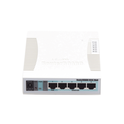 RouterBoard, 5 Puertos Gigabit Ethernet, 1 Puerto USB, WiFi 2.4 GHz 802.11b/g/n, Antena de 2.5 dbi hasta 1W de potencia