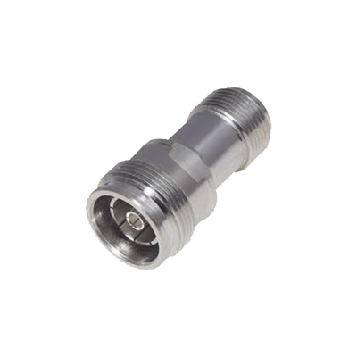[RFD-43F-NF] Adaptador en Línea de Conector 4.3-10 Hembra a N Hembra, Bronce Blanco/ Plata/ Teflón.