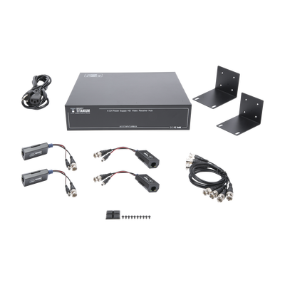 [KITTT4PVTURBOX] Kit de TRANSCEPTOR ACTIVO DE 4 CANALES / VIDEO+PODER en un solo Cable UTP / 150 metros en 4K, 200 metros en 5 MP/ Envía 36 Vcc y Recibe 12 Vcc / TODO INCLUIDO PARA RACK / Compatible con cámaras HD-TVI/CVI/AHD/CVBS / INSTALACIÓN LIMPIA