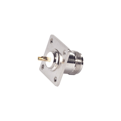 [RFN-1021-SYS] Conector N Hembra para Montaje en Panel, 4 perforaciones a 18 mm, PIN Largo, Plata/ Oro/ Teflón.