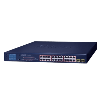 Switch PoE de 24 Puertos Gigabit 802.3af/at con Modo Extendido 250 m, 2 Puertos SFP 1000SX , Pantalla LCD para Configuración Básica, Hasta 300 W para PoE