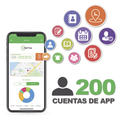 [BIOTIMEAPP200] Licencia para realizar checadas de asistencia desde Smartphone (APP) con envío de fotografía y ubicación por GPS / Compatible con BIOTIMEPRO / Licencia para 200 usuario