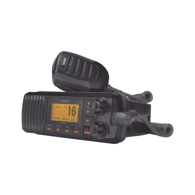 [UM-385BK] Radio Móvil Marino VHF, color negro, 25 W de potencia, sumergible IPX4, rango de frecuencia.: Tx: 156.025-157.425 MHz, Rx: 156.050-163.275 MHz. incluye micrófono y cable de alimentación