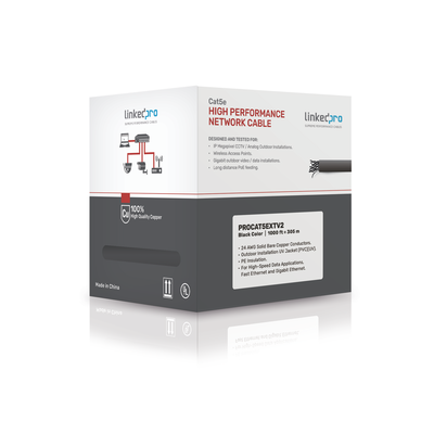 [PRO-CAT-5-EXT-V2] Bobina de cable de 305 m, Cat5e , FTP, blindado, para intemperie, color negro, UL, para aplicaciones en video vigilancia, redes de datos (Carrete Easy Pull)