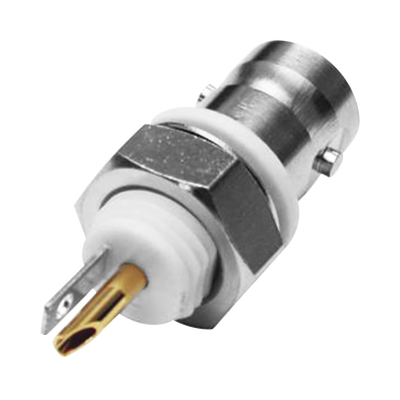 [RFB-1716-I-03] Conector BNC Hembra Aislado para Montaje en Panel Frontal en D-Plano, Soldable para Grupo I, Níquel/ Oro/ Teflón.
