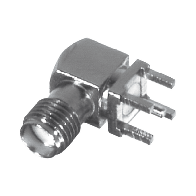 Conector SMA Hembra en Ángulo Recto con Terminal y 4 Patas para Montaje PCB, Níquel/ Oro/ Teflón.â€‹