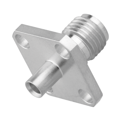 Conector SMA Hembra, 4 Hoyos en Panel de 13 mm, Soldable en Cable Semi-Rígido de 0.047" Diámetro, Grupo SR0, Oro/ Oro/ Teflón.