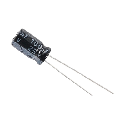 [CE100/25V] Capacitor Electrolítico de Aluminio, Radial de 100 µFd, 25 Vcc, 105 °C, 6.3 x 11 mm.