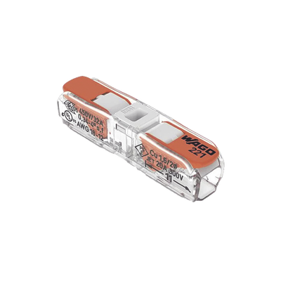 [221-2401] Conector de Instalación en Línea / CAGE CLAMP® con Palancas / 2 Polos / 4 mm² Máx. (12 AWG) / Transparente / 600V UL / 32A / IP20 / T85 85°C