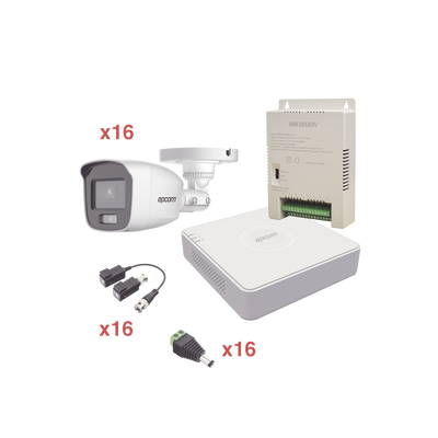 [KE1080PL/16BCA] Kit TurboHD 1080p Lite / DVR 16 Canales / 16 Cámaras Bala Exterior ( 2.8mm) con ColorVu + Micrófono Integado / Transceptores / Conectores / Fuente de Poder Profesional