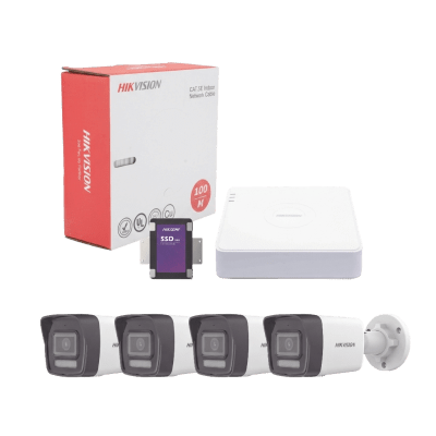 [KIT4MP/4B/1TB] Kit IP 4 Megapixel / NVR de 4 Canales con 4 Puertos PoE / 4 Cámaras IP Bala Dual Light (IR + Luz Blanca) con Microfono Integrado y ACUSENSE Lite para Exterior/ Bobina de Cable de 100 mts / SSD de 1 TB