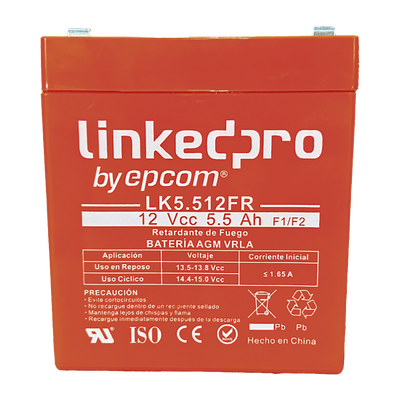 Batería de respaldo 12 V 5.5 Ah AGM  | Certificada UL94-V0 Retardante a la Flama  | Especial para Seguridad Electrónica | Vida útil 5 años | Terminales F1  + Adaptador F2