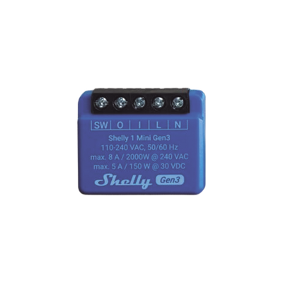 [SHELLY1MINIGEN3] Mini Relevador inalámbrico inteligente, 1 salida de contacto seco, compatible con asistentes de voz Alexa y GoogleHome