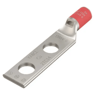 [HUB-YA8-C2LN] Terminal de Compresión / 8 AWG CU / Dos Orificios / Tamaño del Tornillo 1/2 / Espaciado de Orificios 1-3/4 / Barril Estándar / Ventana de Inspección / Biselado Interno / Estaño Plateado / UL-CSA / 90°C / Hasta 35kV /